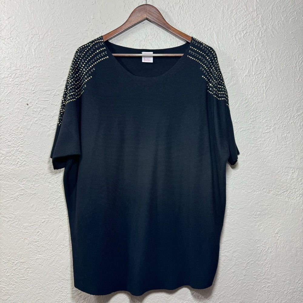 Luna‎ Sweater 1X Pullover Dolman 1/2 Sleeve Ribbed Beaded Neutral Cocktail Work